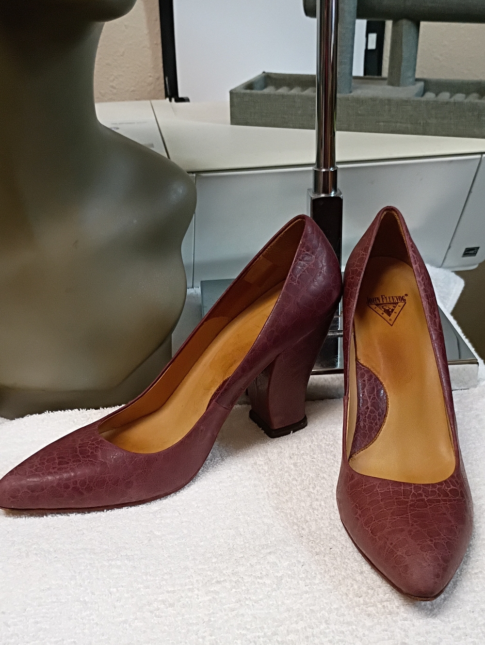 John Fluevog Maroon Croc-Embossed Block Heel Pumps